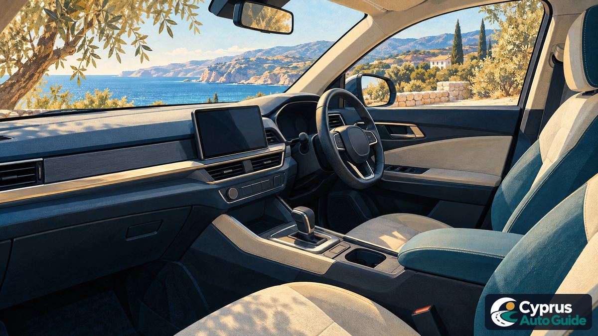 Салон праворульного автомобиля с селектором автоматической коробки; иллюстрация