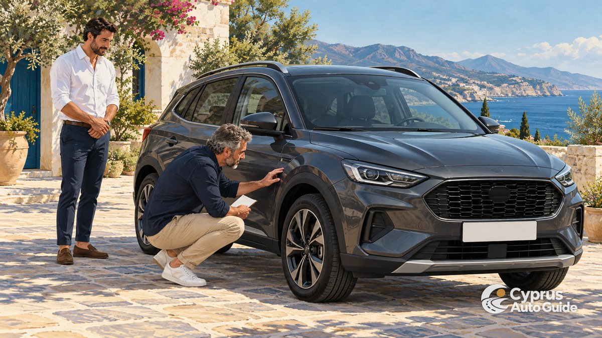 Buyer comparing vehicle documents with a car