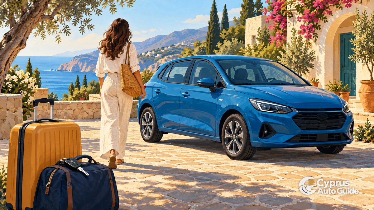 A compact car, booking checklist and suitcase