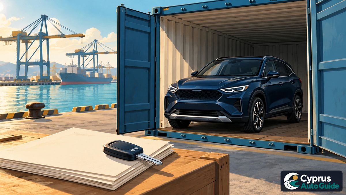 Тёмно-синий автомобиль в открытом грузовом контейнере, впереди документы и ключ; иллюстрация