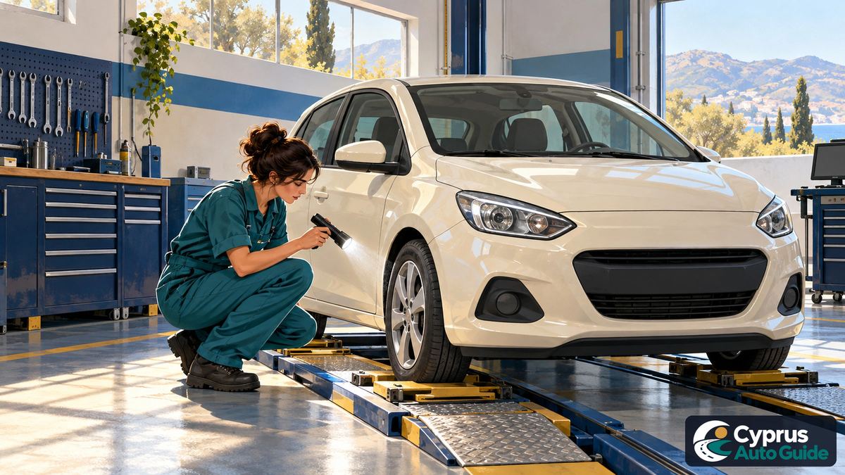 Специалист осматривает белый автомобиль в мастерской на подъёмнике; иллюстрация