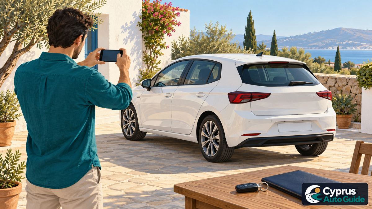 Человек фотографирует белый автомобиль, на переднем плане ключи и документы; иллюстрация